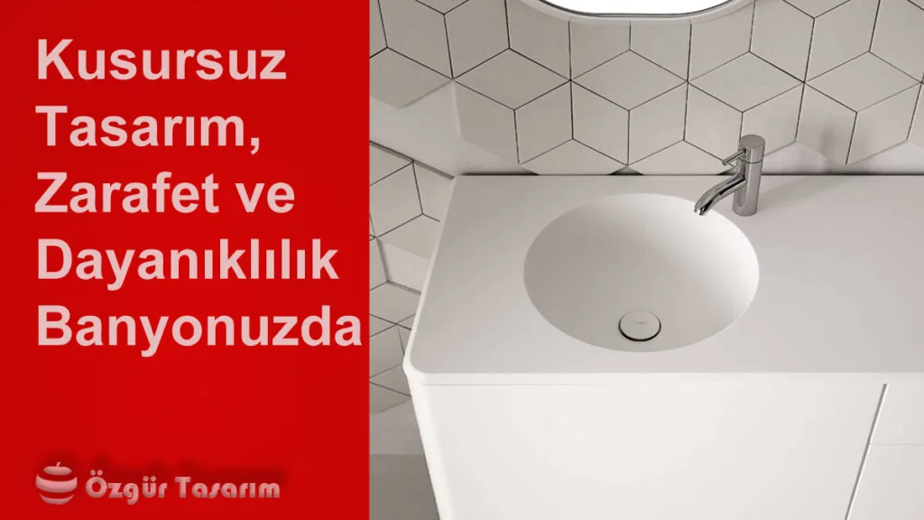 Akrilik banyo tezgahı üzerinde modern lavabo ve şık dekorasyon