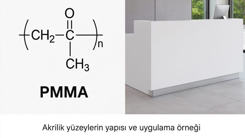 Akrilik malzemenin yapısını gösteren teknik görsel – PMMA polimer zinciri