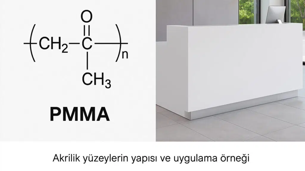 Akrilik malzemenin yapısını gösteren teknik görsel – PMMA polimer zinciri
