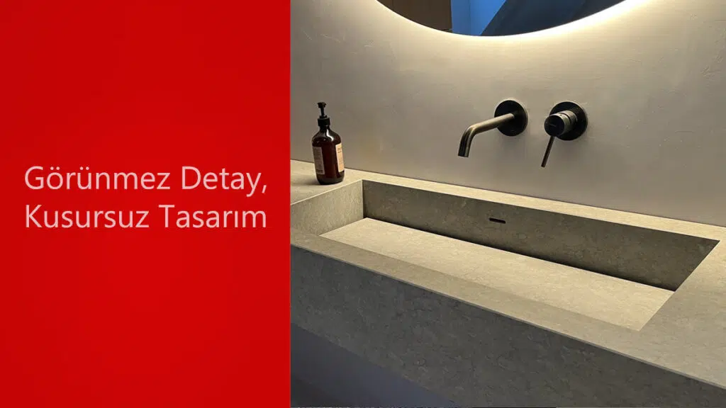 Modern banyolarda kullanılan Corian yüzeyli gizli giderli lavabo modeli