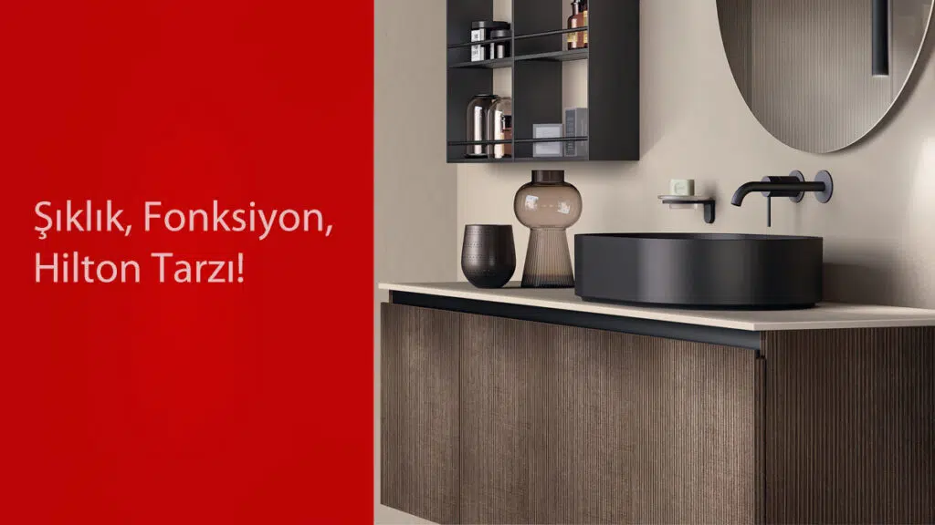 Siyah çanak lavabolu, aynalı ve dolaplı modern Hilton lavabo tasarımı