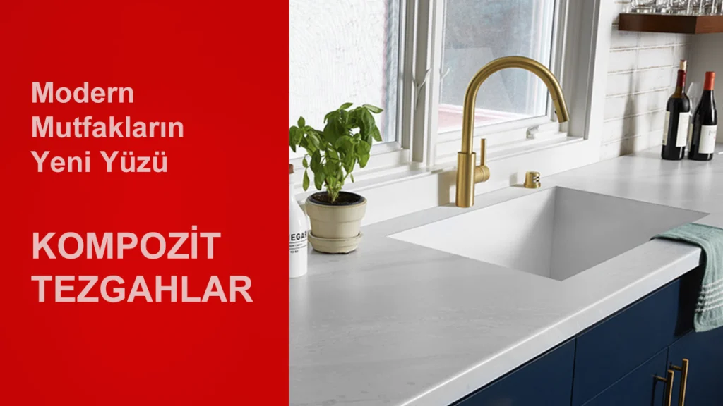 Kırık beyaz kompozit mutfak tezgahı, entegre eviye detaylı modern akrilik yüzey